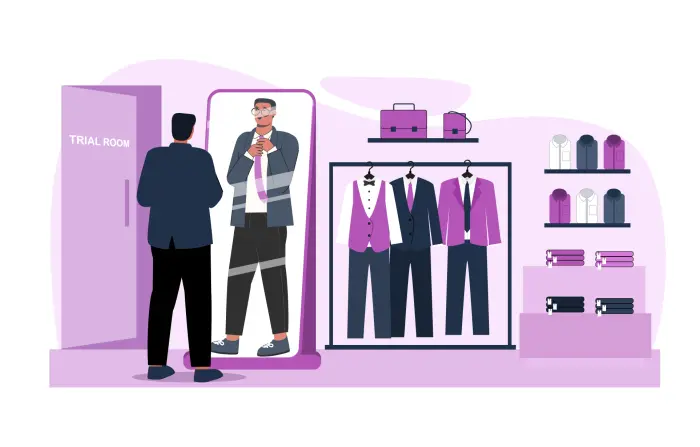 Man Trying New Outfit in Front of Mirror Digital Character Illustration